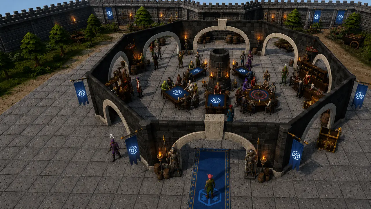 Storm-wracked citadel of Gielinor with glowing arcane runes